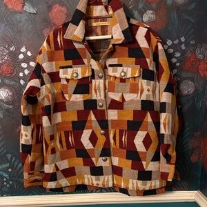 Shyanne Geometric Pattern Utility Jacket - Red, Orange, Black, Cream